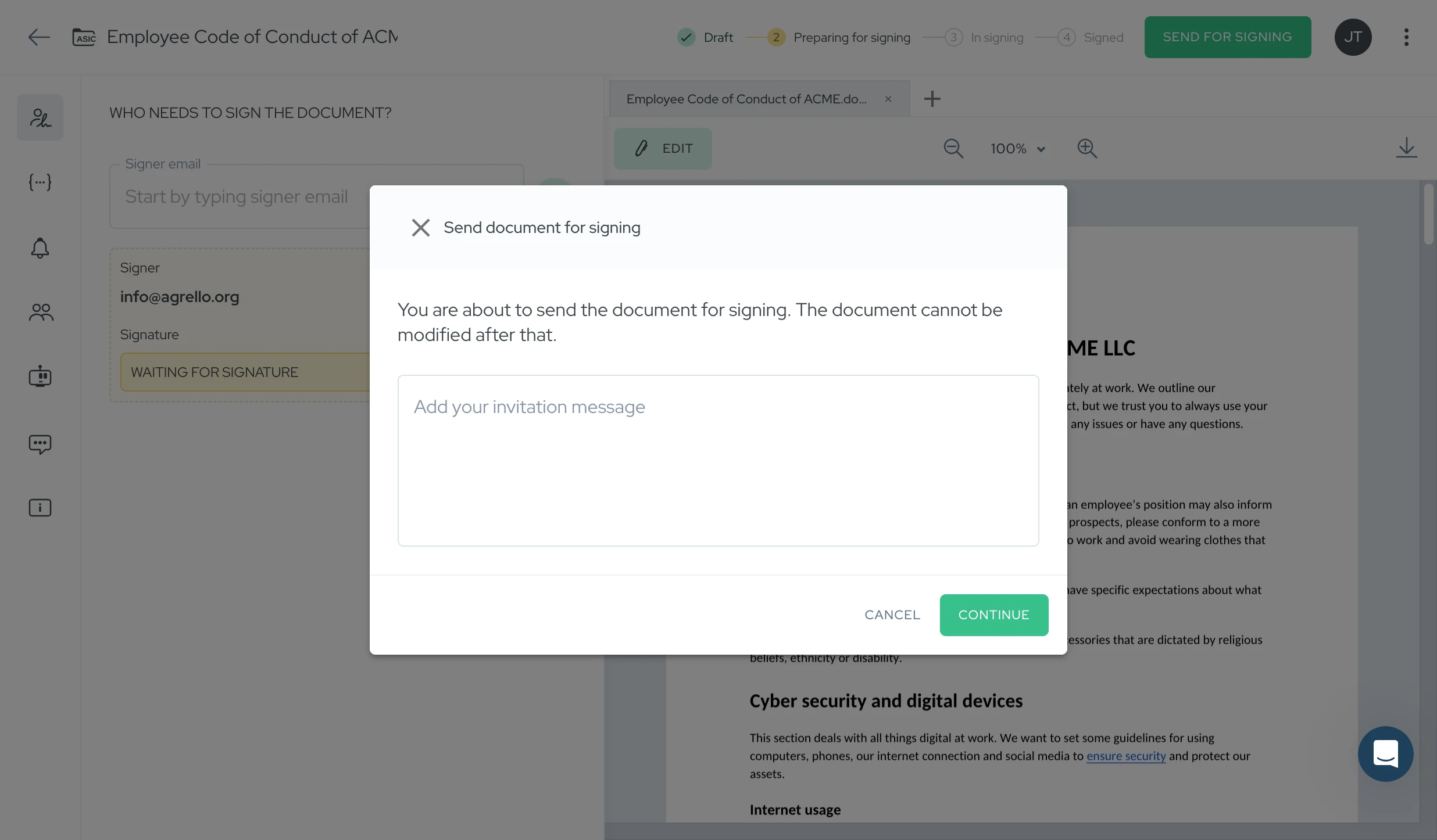 Uzaicinājuma ziņojuma lauks