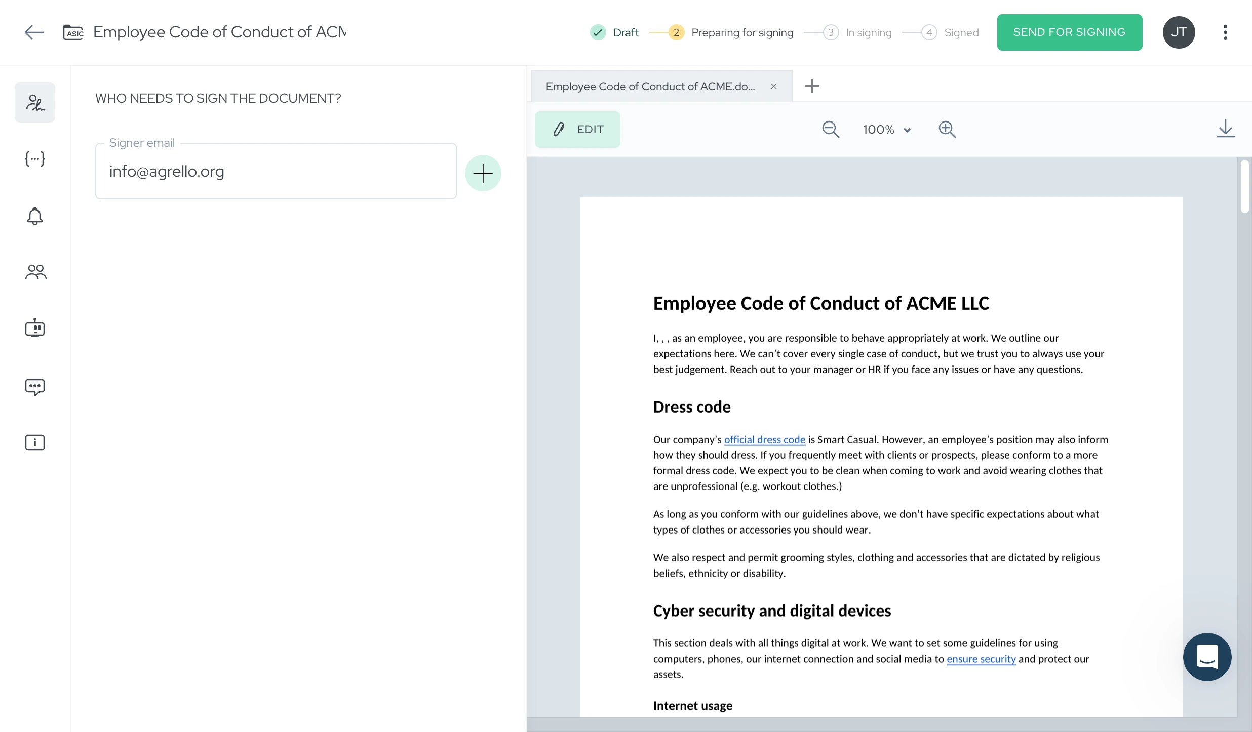 Parakstīšanas sagatavošanas ekrāns