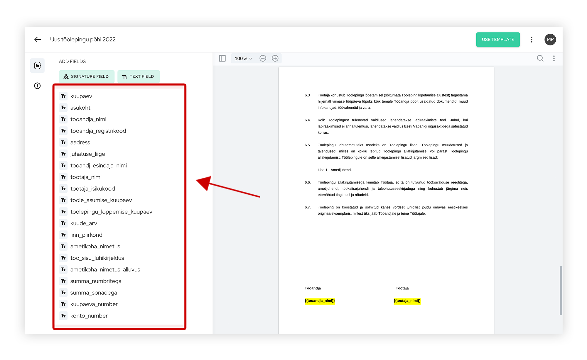 Töölepingu täidetavad väljad