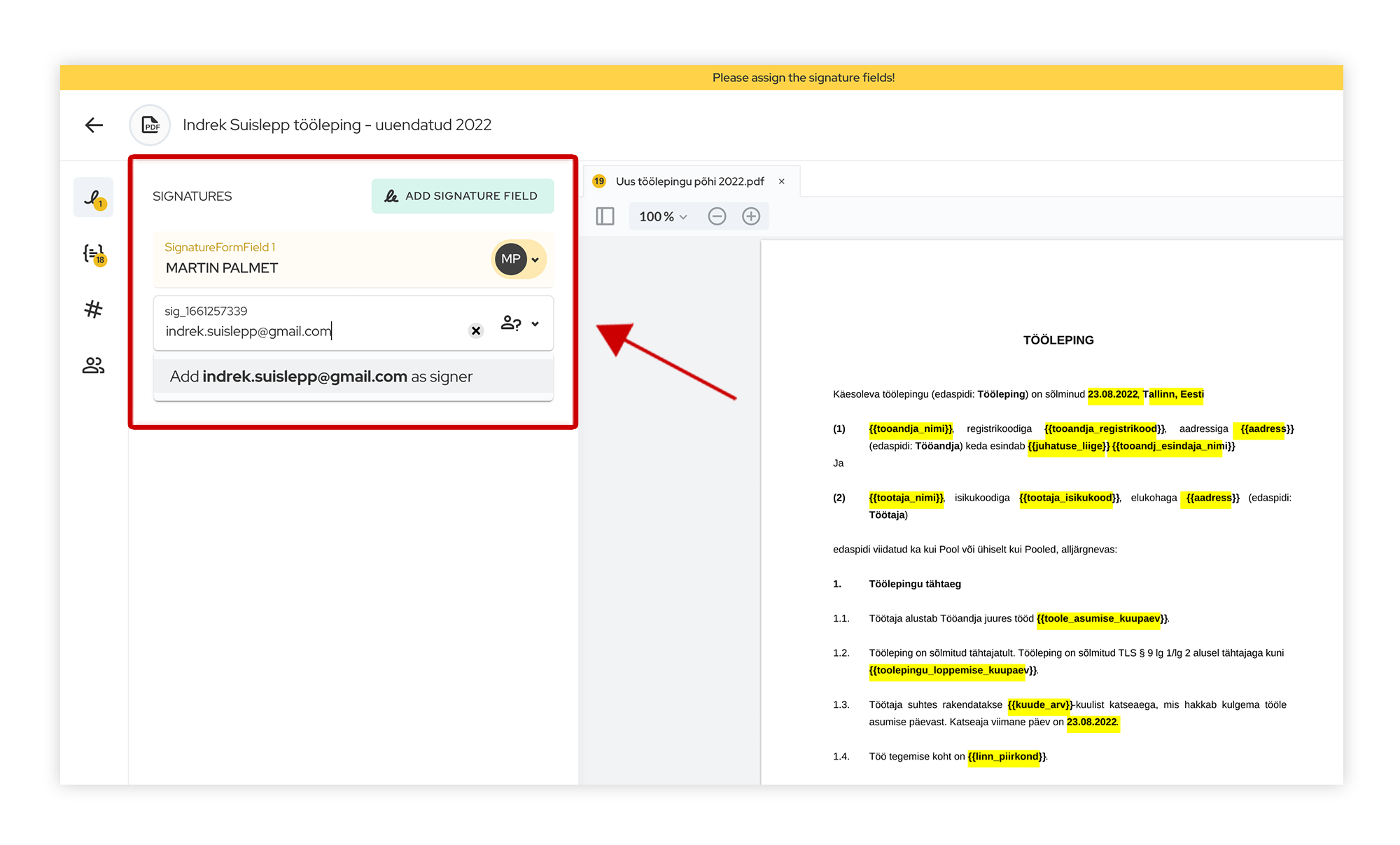 Määra töölepingu allkirjastajad.