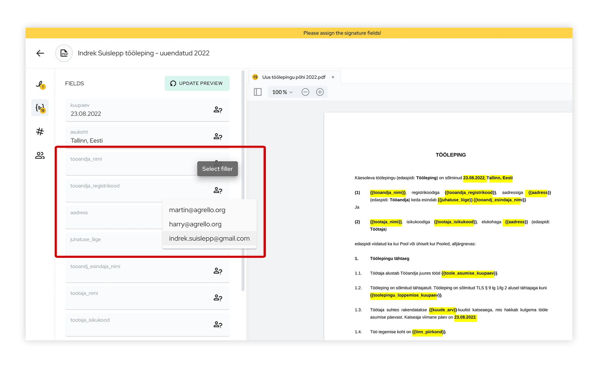 Täida ise või suuna täitmiseks töölepingu täidetavad väljad.