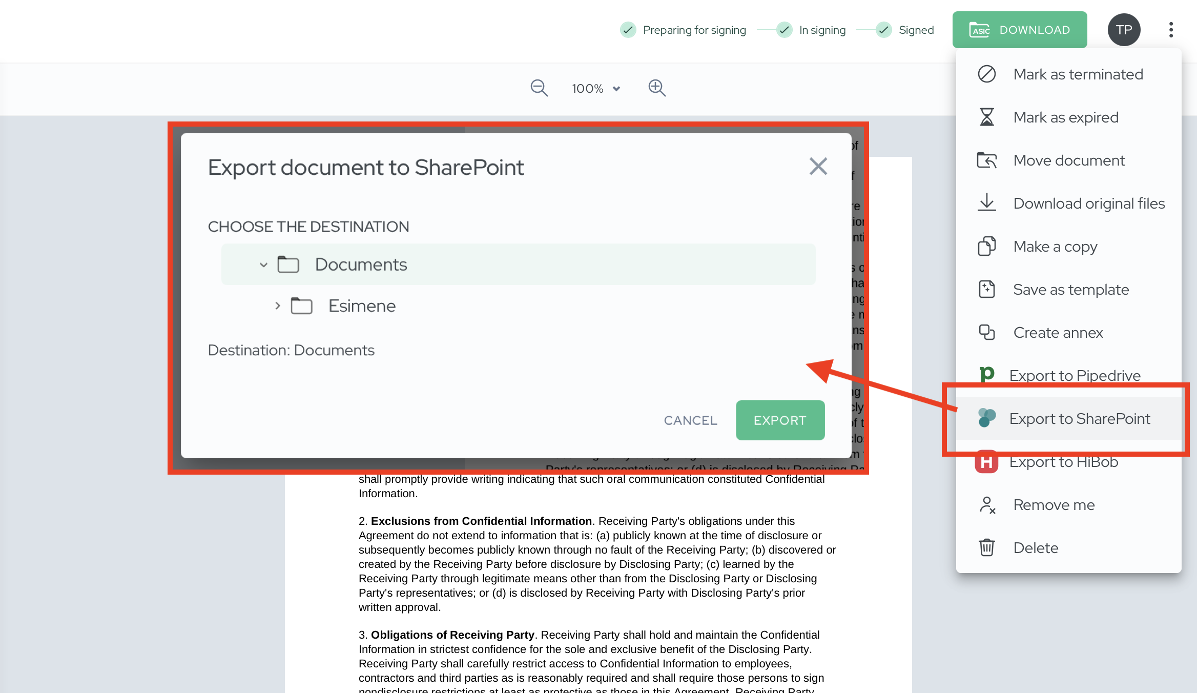 Agrello dokumenta izvēlnē izvēlieties eksportu uz SharePoint, norādiet mērķa mapi un nosūtiet parakstīto dokumentu uz SharePoint.