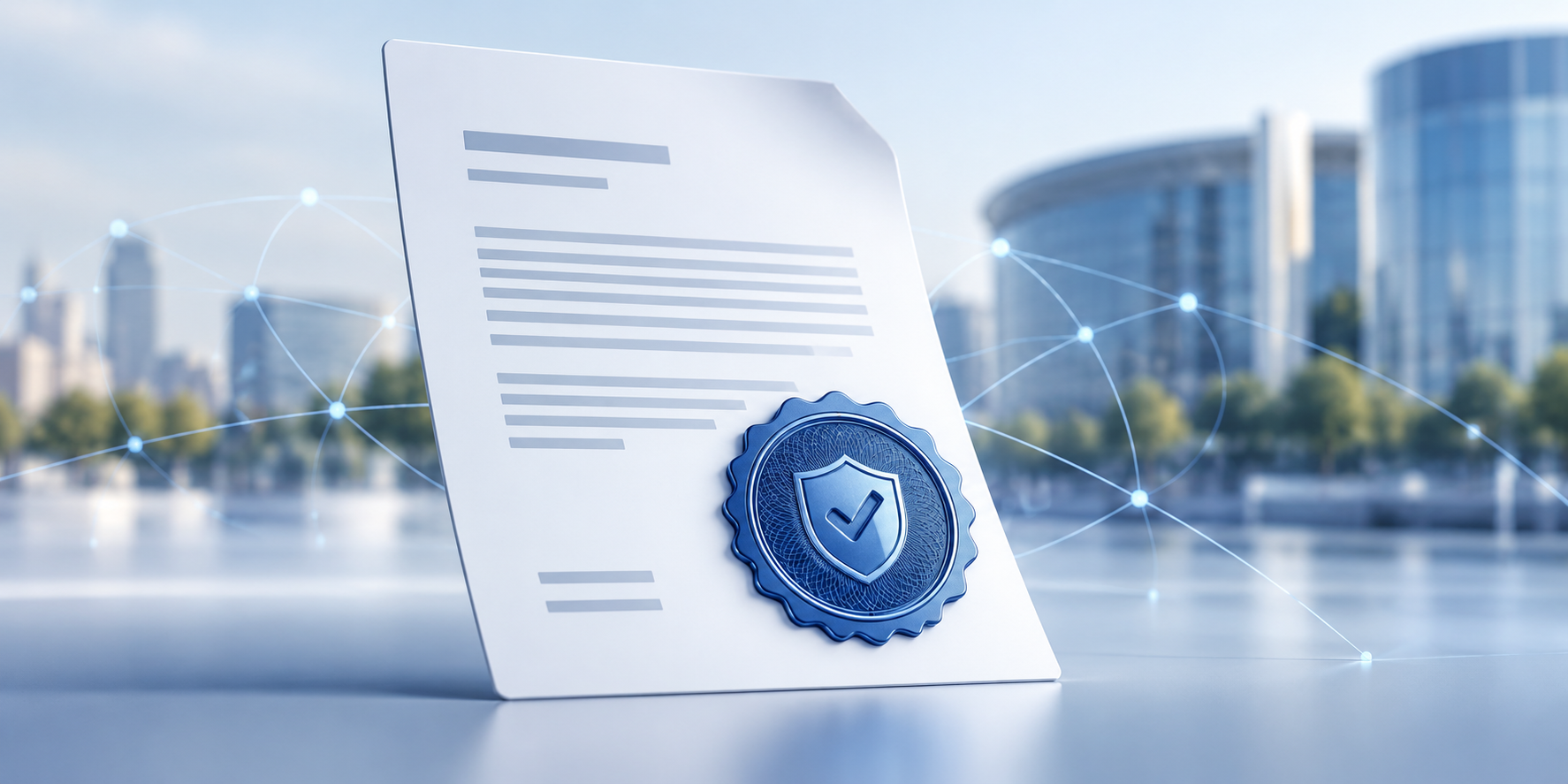 A digital business document with a blue cryptographic seal symbol, representing verified company origin and document integrity.