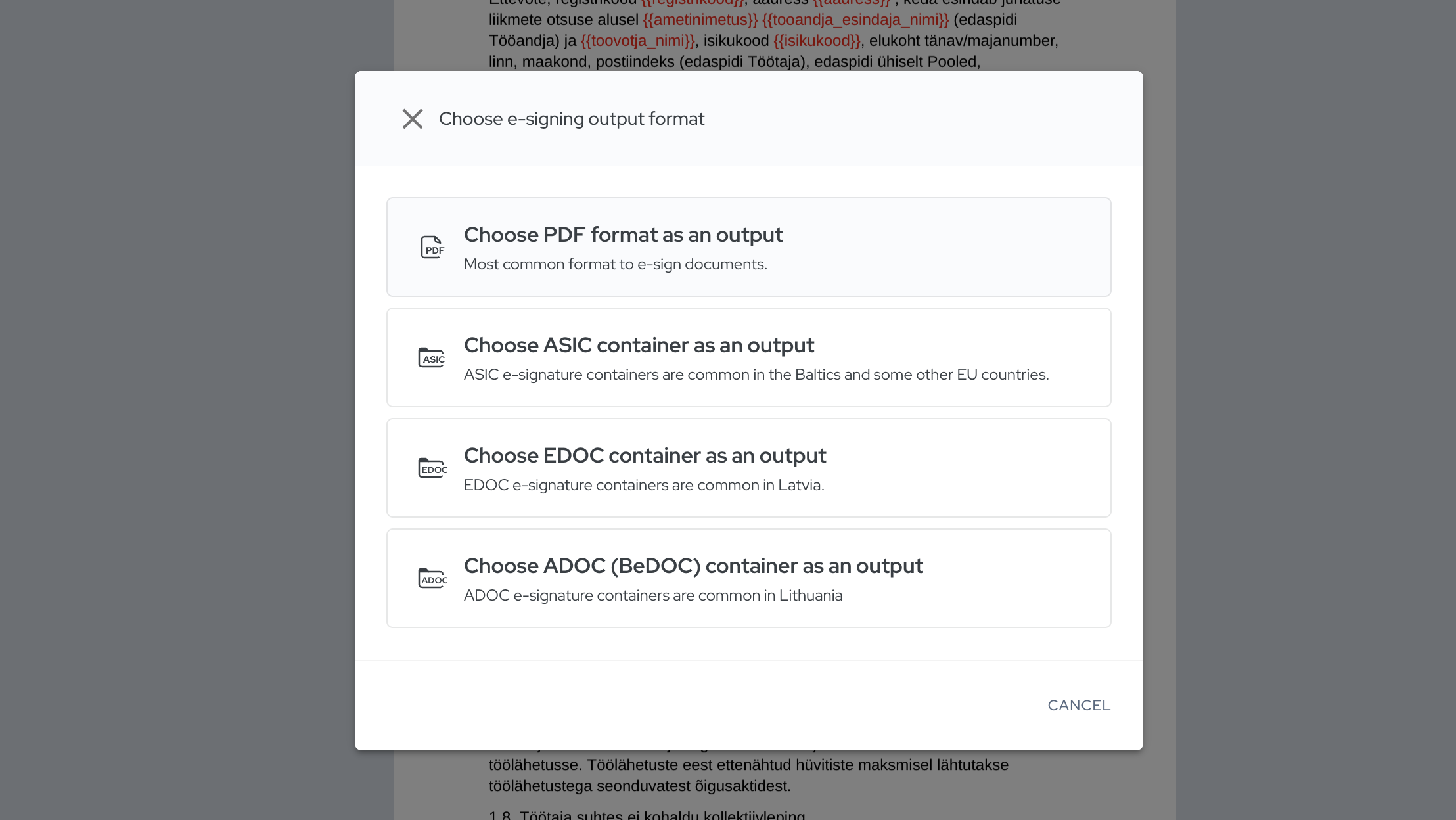 ADOC format selection in Agrello